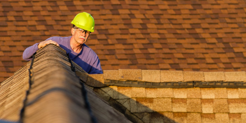 Home inspector examines architectural, asphalt shingled roof.